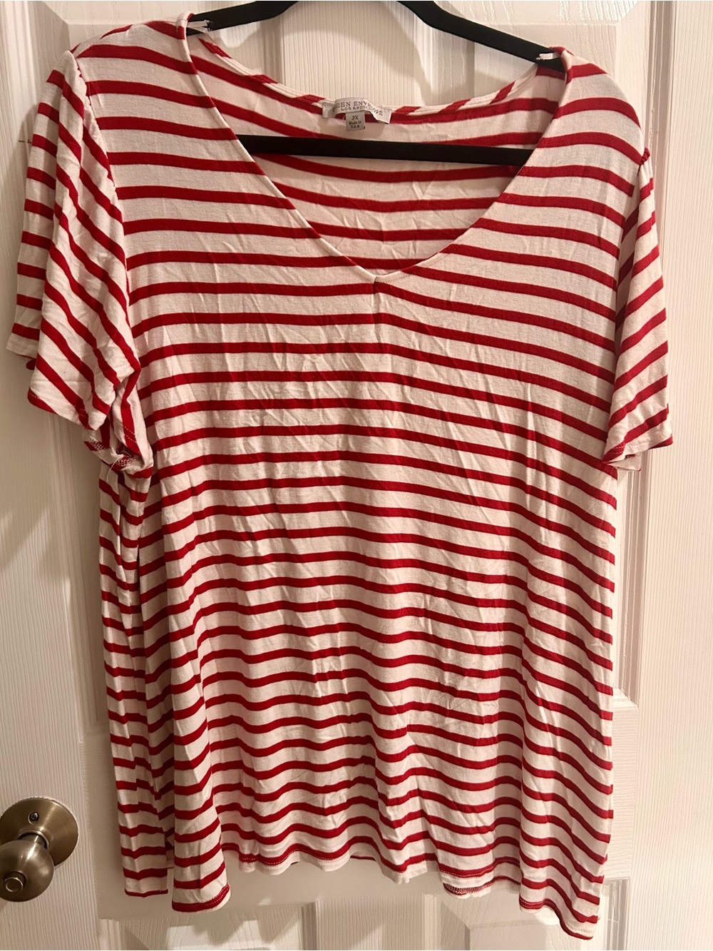 Green Envelope Red & White Striped V-Neck Short Sleeve Top